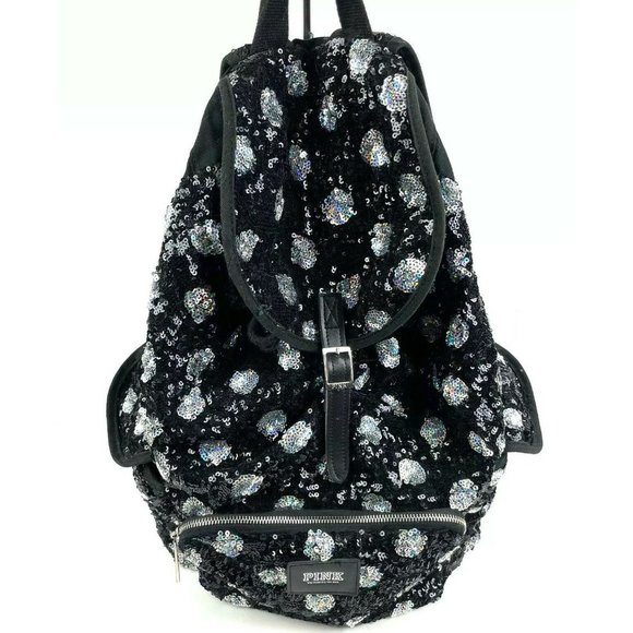 Victoria Secret PINK Backpack Silver Black Leopard Print Sequin Handbag - Picture 2 of 9